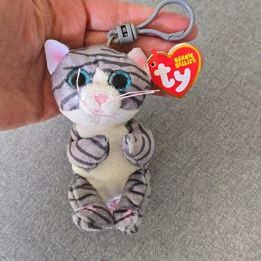 Ty Gray & White Striped Cat Plush Key Clip Kwychain, NWT